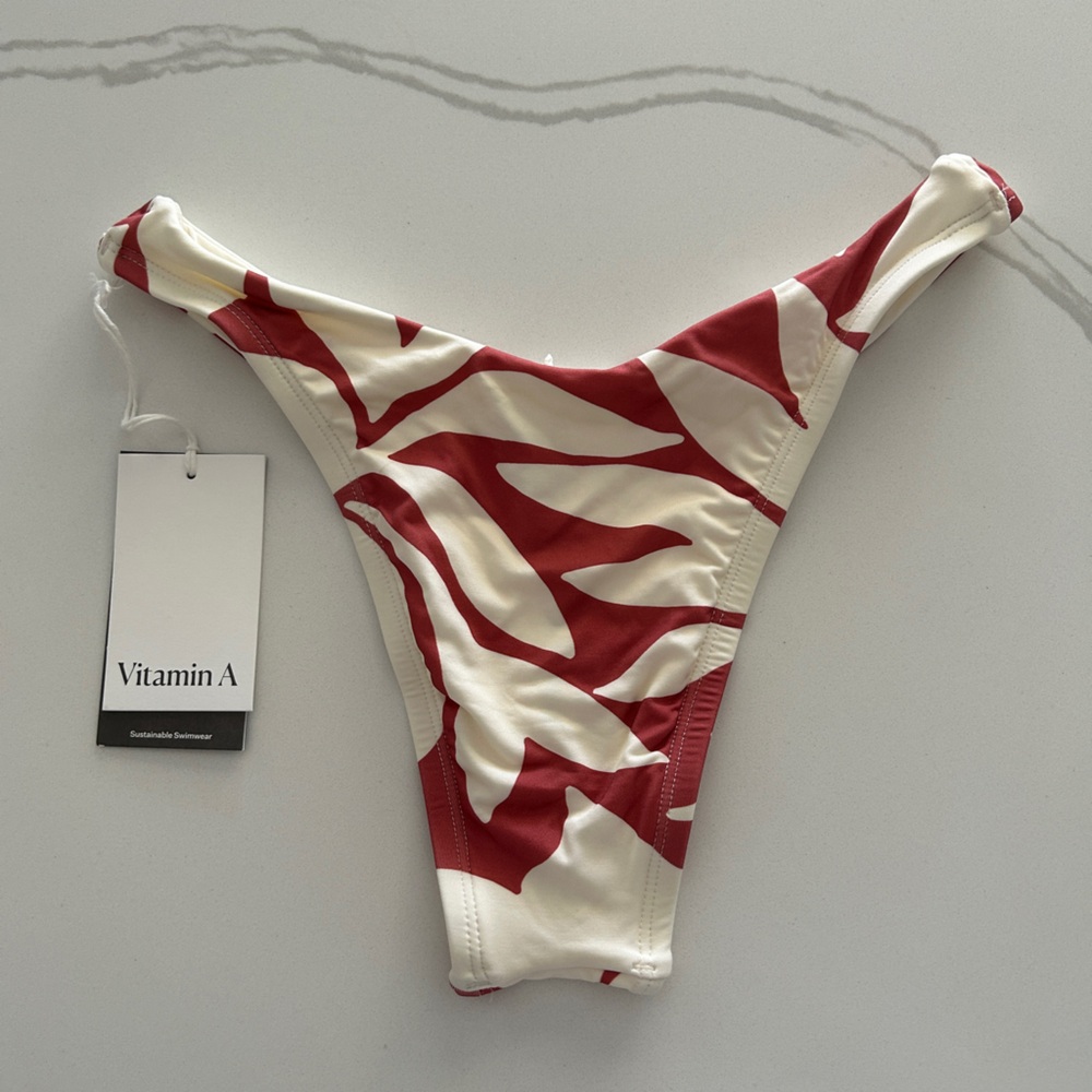 XS - Vitamin A Cream and Red Abstract High-Cut Bikini Bottom